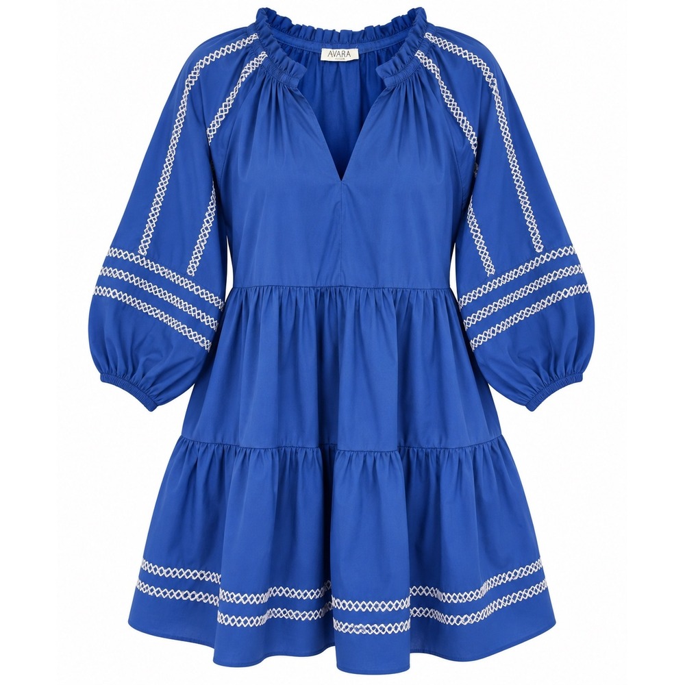 NWOT Avara Tiered Mini Dress Blue White Embroidered Trim Puff Sleeve Cotton M